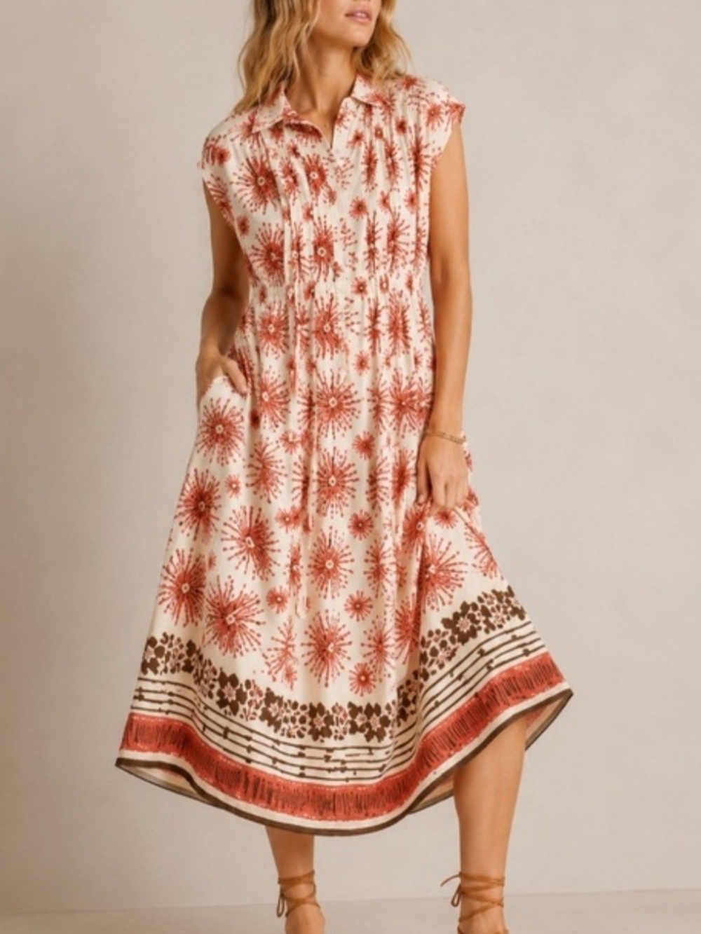 Umgee Rust Floral Border Print Midi Dress | Size Large - NWT